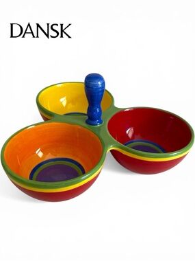 Dansk Caribe 3-Part Relish Dish Serving Bowls Divided Hand Painted Ceramic 10.5"